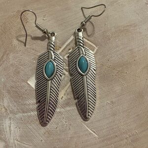 Silver Feather Earrings with Turquoise Accent